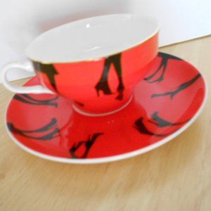 Red Cup & Saucer Black Heels Porcelain By R. Toledo